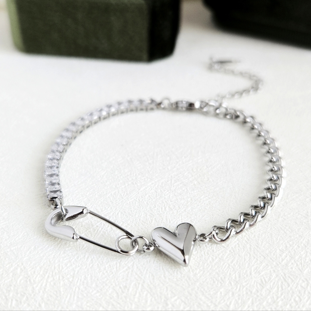 Asymmetric Silver Heart & Safety Pin CZ Bracelet